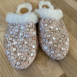 Anthropologie Pink Sequin Slippers with White Fur